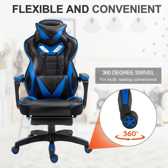 Buy Faux Leather Reclining Gaming Chair, with Footrest - Blue/Black, 5 image