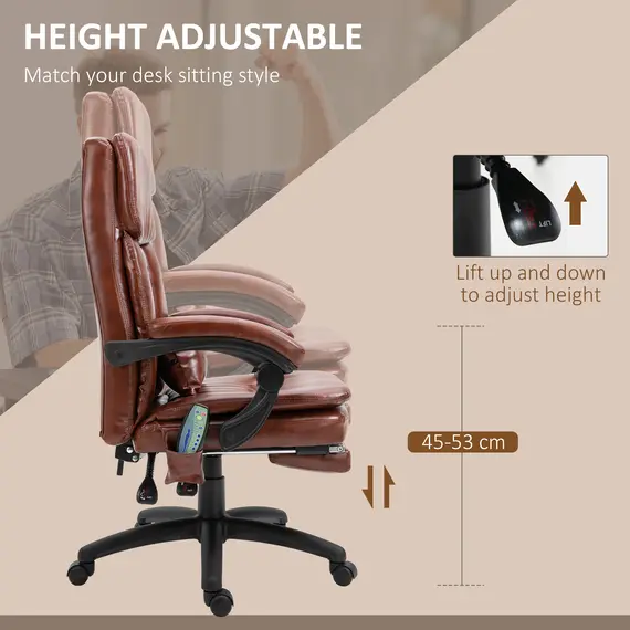 Buy PU Leather Office Chair with 7 Point Vibrating Massage, Computer Desk Chair with Footrest, Adjustable Height, Reclining Back, Brown, 5 image