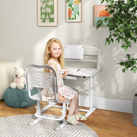 Buy Height Adjustable Kids Study Table and Chair Set, with Drawer, Storage Shelf, 80 x 54.5 x 104 cm, Grey, 2 image