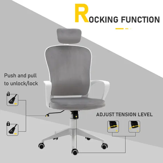Buy Office Chair, Ergonomic Desk Chair, High Back Velvet Fabric Computer Chair with Adjustable & Liftable Headrest for Home, Grey, 5 image