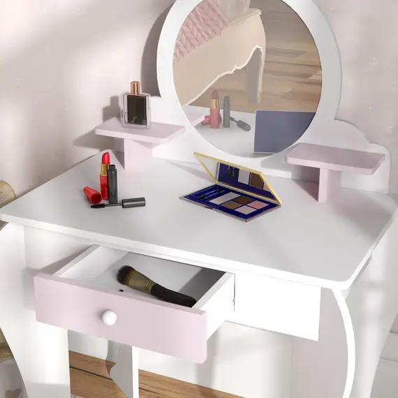 Buy Bunny-Design Kids Dressing Table, with Mirror and Stool - White and Pink, 7 image