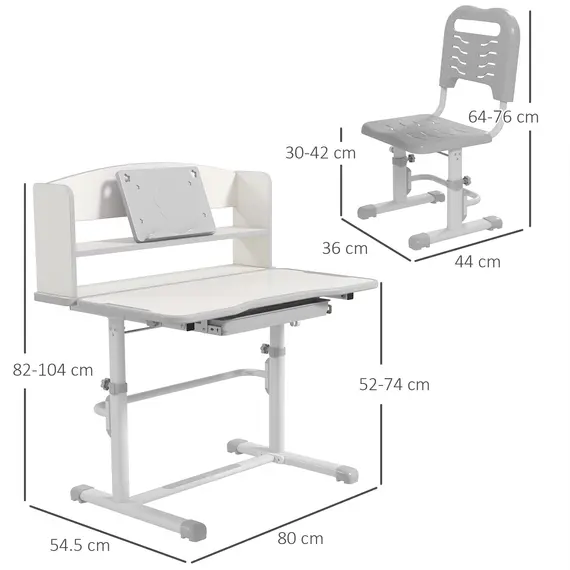 Buy Height Adjustable Kids Study Table and Chair Set, with Drawer, Storage Shelf, 80 x 54.5 x 104 cm, Grey, 3 image