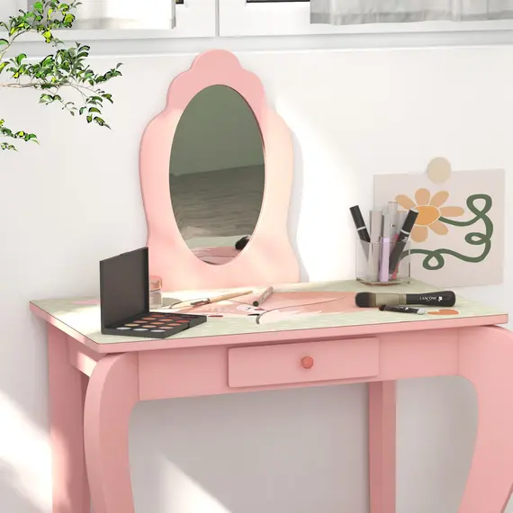 Buy Kids Dressing Table with Mirror, Stool, Drawer, Cute Animal Design - Pink, 7 image