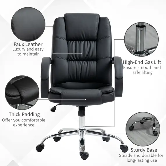 Buy Office Chair, PU Leather Desk Chair with 13cm Soft Padded Seat and Backrest, Swivel Chair with Adjustable Height and Rolling Wheels, Black, 7 image