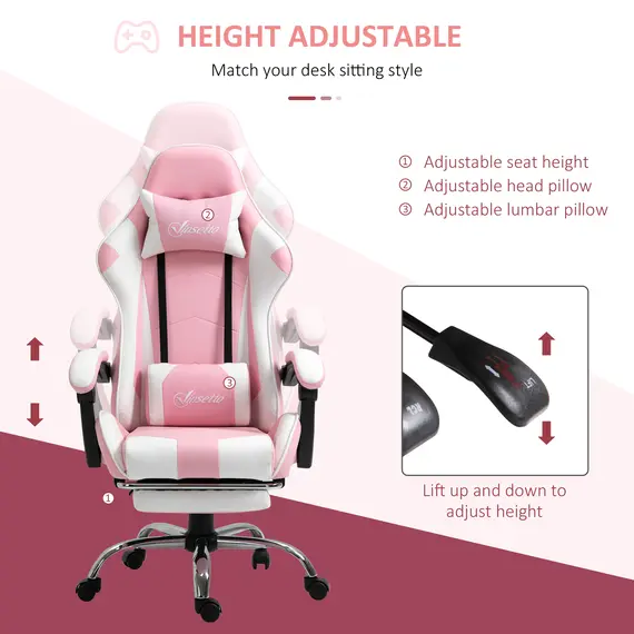 Buy Pink Computer Gaming Chair, Desk Chair with 135° Reclining Back and Retractable Footrest, Adjustable PU Leather Lumbar Support and Headrest, 4 image