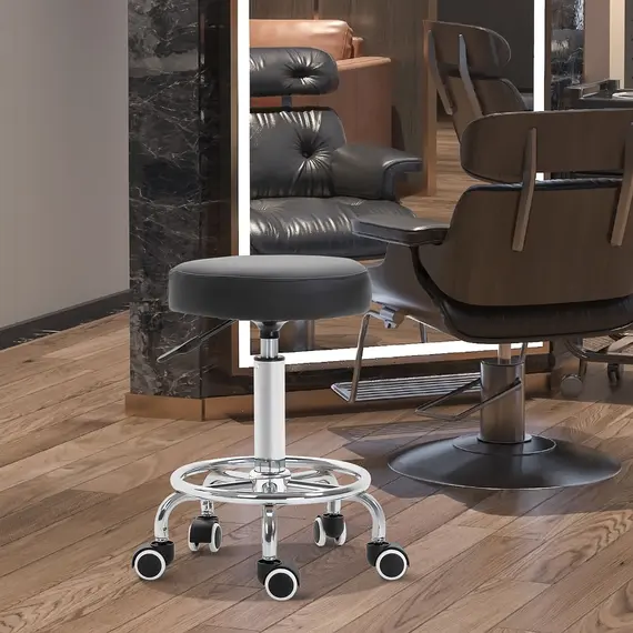 Buy Round Rolling Stool, PU Leather Height Adjustable Stool Chair with Wheels and Swivel Seat for Salon, Massage, Spa, Home Kitchen, Black, 2 image