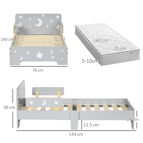 Buy Kids Toddler Bed, with Star and Moon Patterns, Side Rails, for Ages 3-6 Years - Grey, 3 image
