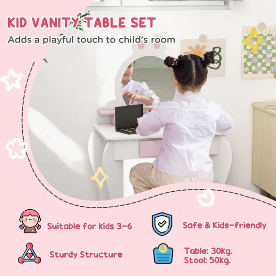 Buy Bunny-Design Kids Dressing Table, with Mirror and Stool - White and Pink, 4 image