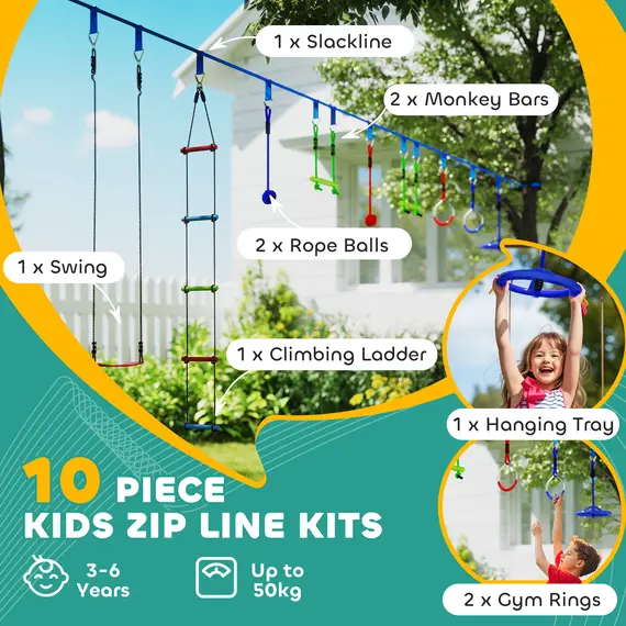 Buy 10 Piece Zip Line Kit for Kids with 10m Slackline, Monkey Bars, Swing, Climbing Ladder, Hanging Tray, Metal Rings, 4 image