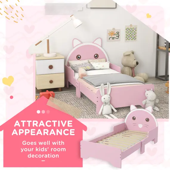 Buy Bed for Kids Cat Design Toddler Bed Frame Bedroom Furniture with Guardrails, for 3-6 Years, 143L x 74W x 72Hcm - Pink, 4 image