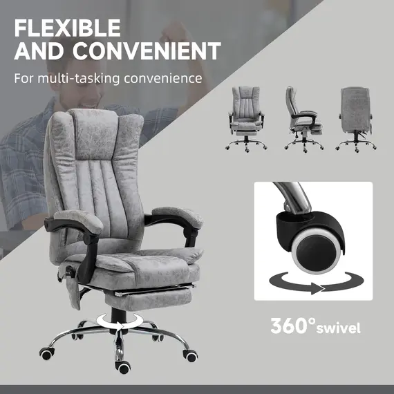 Buy Office Chair with Massage and Heat, Microfibre Reclining Computer Desk Chair with Footrest and Adjustable Height, Swivel Wheels for Home Office, Grey, 5 image