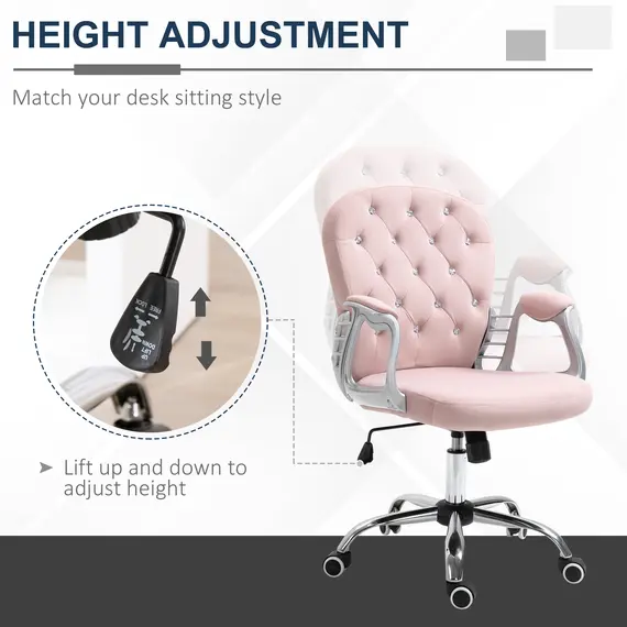 Buy Office Chair, Swivel Desk Chair, Velvet Vanity Chair with Adjustable Height and Rolling Wheels for Home Work Study, Pink, 4 image