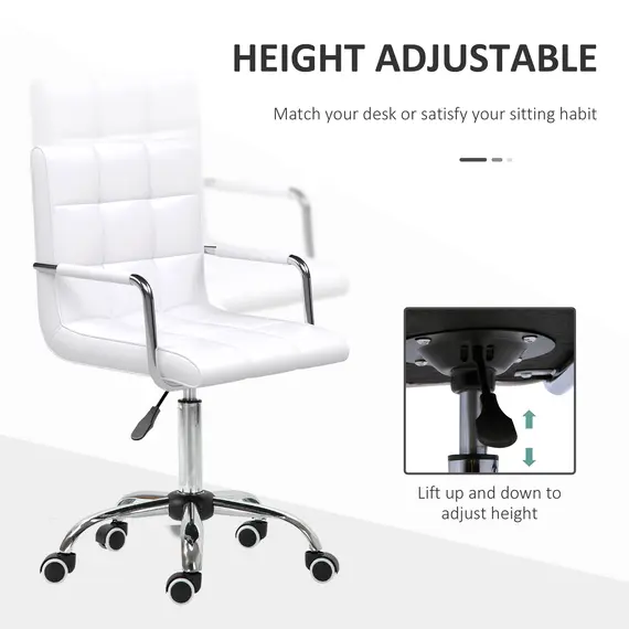 Buy Office Chair, Makeup Vanity Chair, Mid Back Computer Chair, PU Leather Swivel Study Chair with Adjustable Height, Armrest and Rolling Wheels, White, 4 image