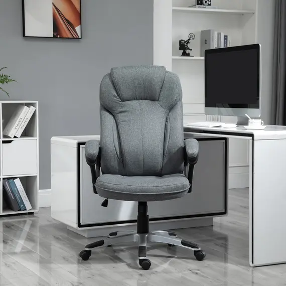 Buy Office Chair, Linen Fabric Desk Chair, Height Adjustable Computer Chair with Padded Armrests, Swivel Wheels and Tilt Function, Grey, 2 image