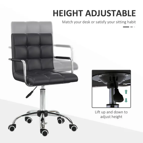 Buy Office Chair, Makeup Vanity Chair, Mid Back Computer Chair, PU Leather Swivel Study Chair with Adjustable Height, Armrest and Rolling Wheels, Black, 4 image