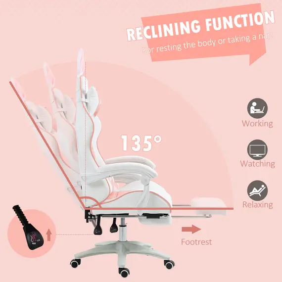 Buy Racing Gaming Chair, Reclining PU Leather Computer Chair with Removable Rabbit Ears, Footrest, Headrest and Lumber Support, Pink, 6 image