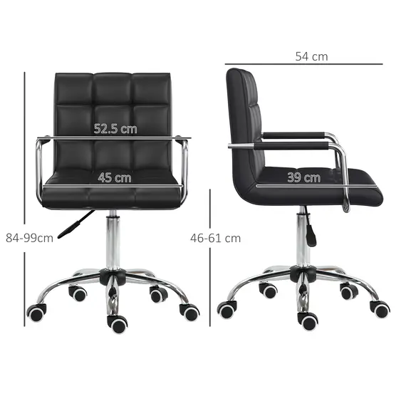 Buy Office Chair, Makeup Vanity Chair, Mid Back Computer Chair, PU Leather Swivel Study Chair with Adjustable Height, Armrest and Rolling Wheels, Black, 3 image