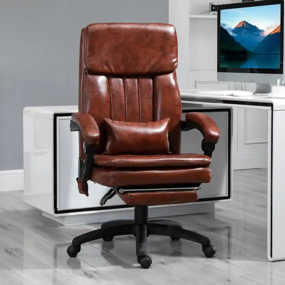 Buy PU Leather Office Chair with 7 Point Vibrating Massage, Computer Desk Chair with Footrest, Adjustable Height, Reclining Back, Brown, 2 image