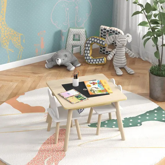 Buy 3-Piece Kids Table and Chairs Set with Convertible Desk and Storage Grid, Kids Activity Table for Nursery, Playroom, 9 image