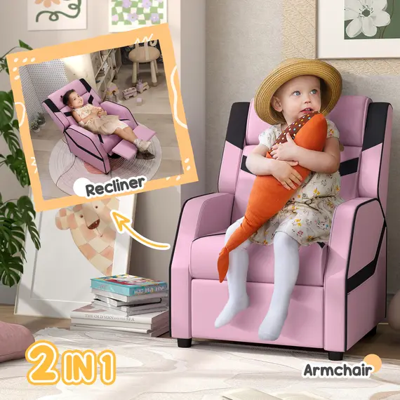 Buy 2 in 1 Kids Chair Recliner with Backrest, Armrest, Footrest, PU Leather, for 3-9 Years Old, Pink, 4 image