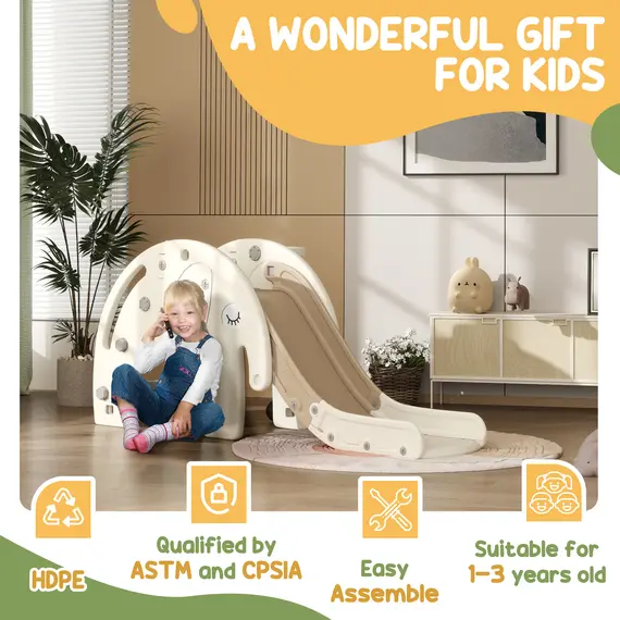 Buy 3 in 1 Toddler Slide with Basketball Hoop, Climber, Elephant-Themed, for 1-3 Years, Cream White, 8 image