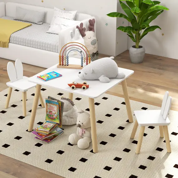 Buy 3 Pcs Toddler Table and Chair Set, Kids Desk and 2 Chairs Set w/ Bunny Ear Backrest, for Nursery, Playroom, 9 image