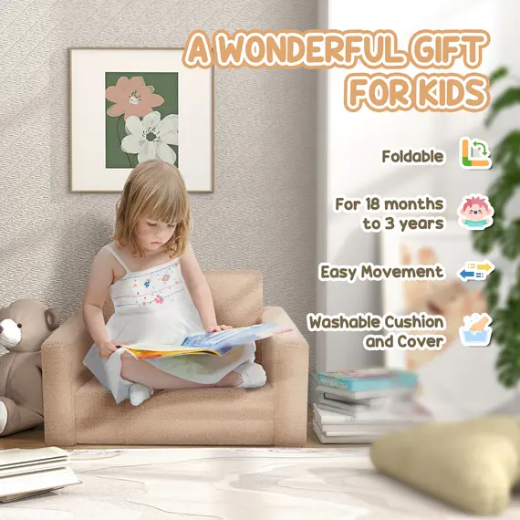 Buy 2 in 1 Kids Armchair, Foldable Recliner for 1.5-3 Years Old, Khaki, 6 image
