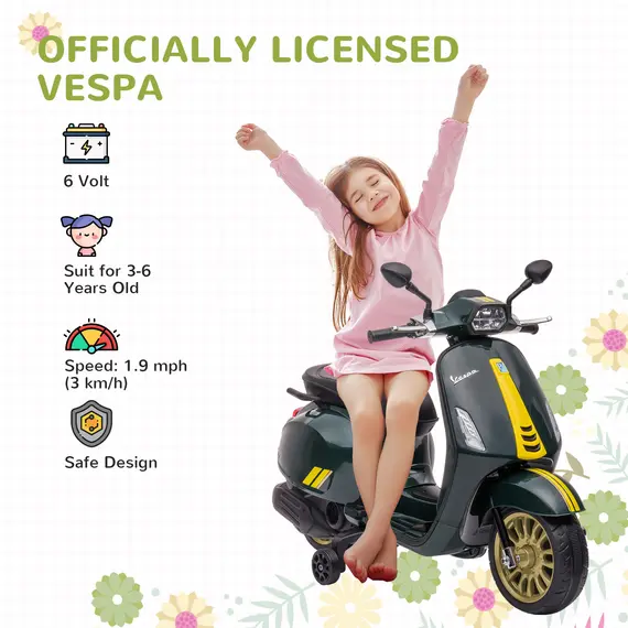 Buy 12V Vespa Licensed Kids Electric Motorbike w/ Music, Headlights, FM Radio, for 3-6 Years - Green, 4 image