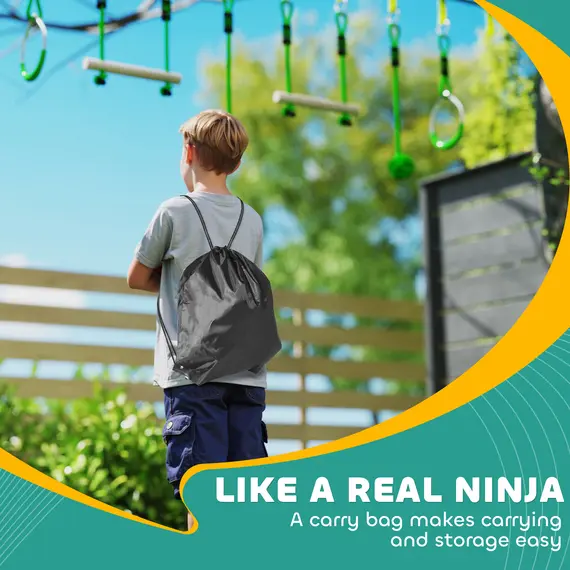 Buy 7 Piece Kids Zip Line Kit for Garden, 10m Kids Slackline Kit with Wooden Monkey Bars, Metal Rings, Gripping Balls, Green, 7 image