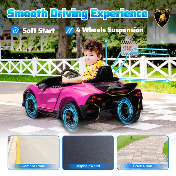 Buy 12V Lamborghini Autentica Licensed Kids Electric Car with Remote Control, 4 Suspension Wheels, Soft Start, Pink, 5 image