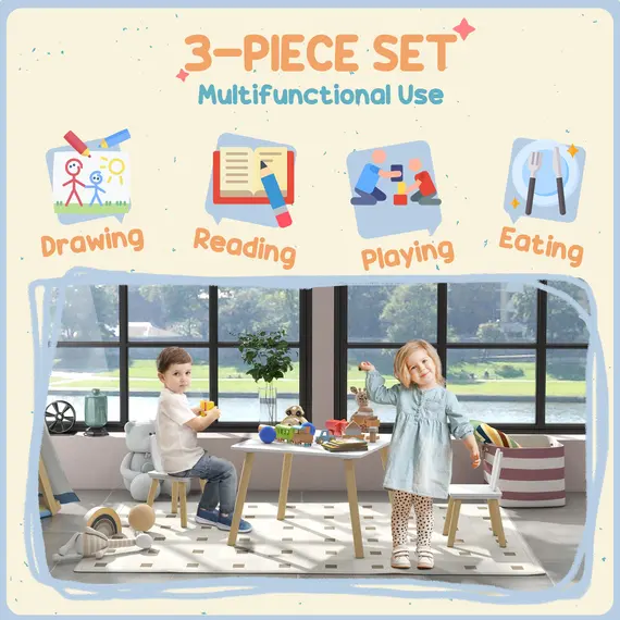 Buy 3 Pcs Toddler Table and Chair Set, Kids Desk and 2 Chairs Set w/ Bunny Ear Backrest, for Nursery, Playroom, 5 image