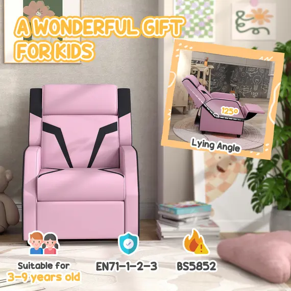 Buy 2 in 1 Kids Chair Recliner with Backrest, Armrest, Footrest, PU Leather, for 3-9 Years Old, Pink, 8 image