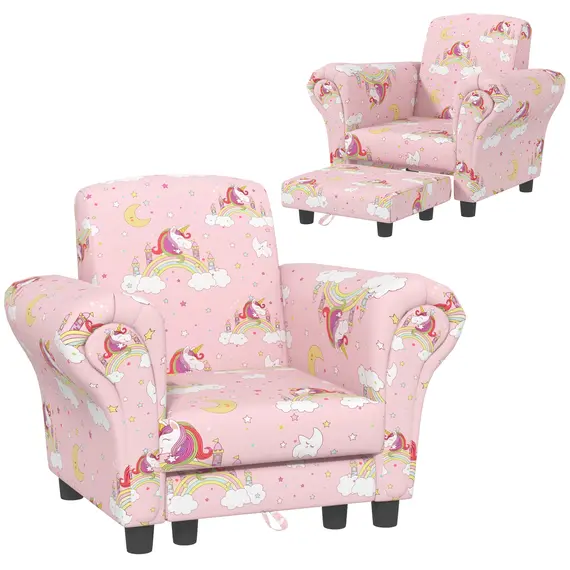 Buy 2 Piece Kids Sofa Set with Unicorn Design, Wooden Frame, for 1.5-3 Years Old, Pink