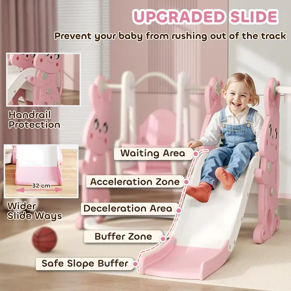 Buy 4 in 1 Kids Slide and Swing Set with Climber, Basketball Hoop, Rabbit-Themed, Pink, 5 image
