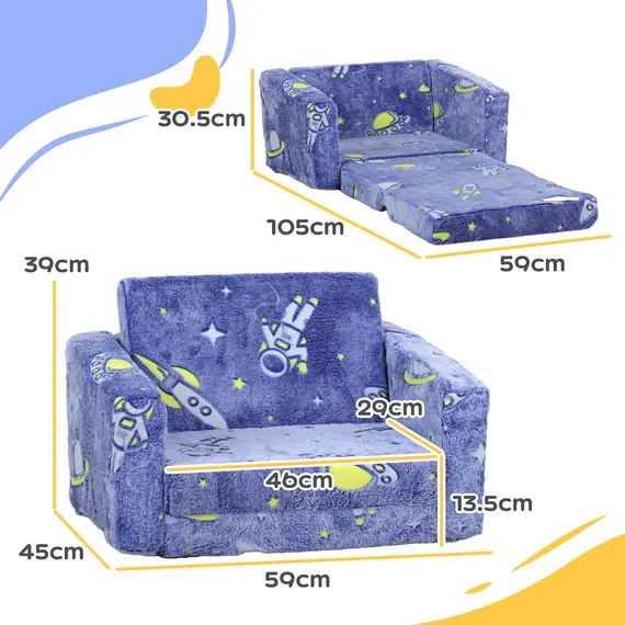 Buy 2 in 1 Kids Kids Folding Bed Armchair with Glow in The Dark Cosmic Design, Washable Cushion and Cover, Blue, 3 image