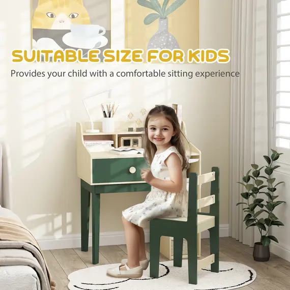 Buy Kids Desk and Chair Set with Storage Shelves and Drawer, Green, 6 image