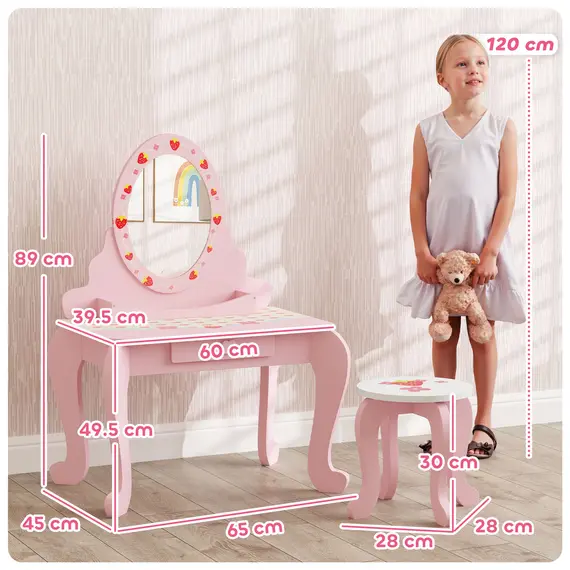 Buy Kids Dressing Table Set, Vanity Table with Stool, Mirror, Drawer, Desktop, Storage, Strawberry-Theme, Pink, 3 image
