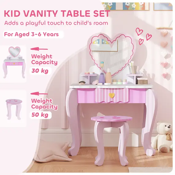 Buy Kids Dressing Table Set, Vanity Table with Stool, Mirror, Drawer, Desktop Storage, Heart Theme, Pink, 4 image