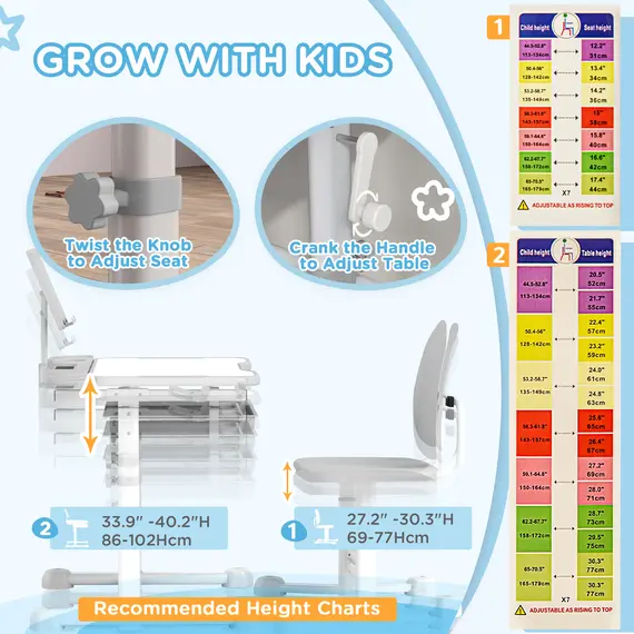 Buy Height Adjustable Kids Desk and Chair Set, School Study Writing, Reading Table Chair Set w/ Tilted Desktop, Grey, 5 image