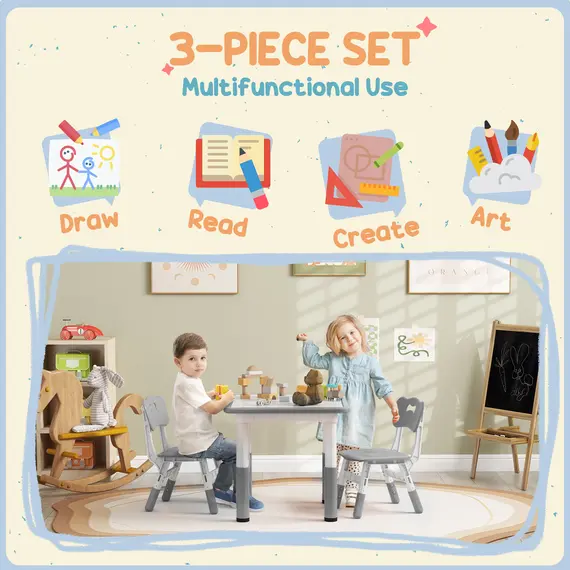 Buy Height Adjustable Toddler Table and Chair Set, 3 Pcs Children Activity Table w/ 2 Chairs, for Playroom, Bedroom - Grey, 5 image