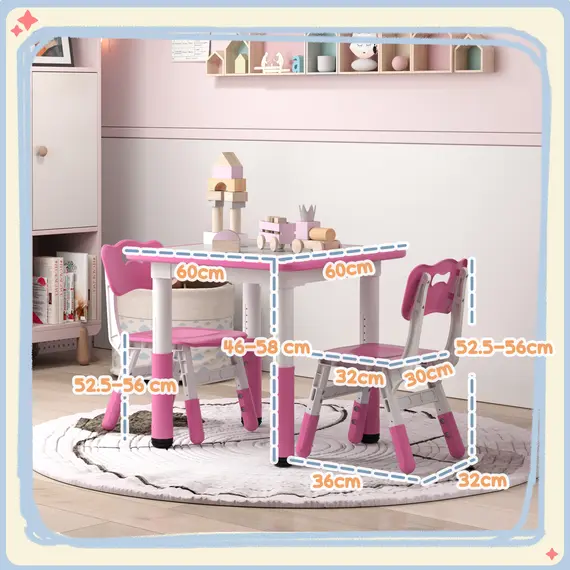 Buy  Height Adjustable Toddler Table and Chair Set, 3 Pcs Children Activity Table w/ 2 Chairs, for Playroom, Bedroom - Pink, 3 image