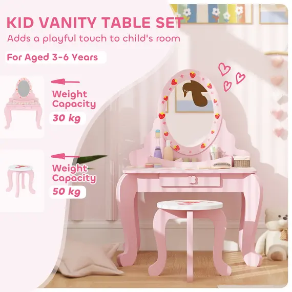 Buy Kids Dressing Table Set, Vanity Table with Stool, Mirror, Drawer, Desktop, Storage, Strawberry-Theme, Pink, 4 image
