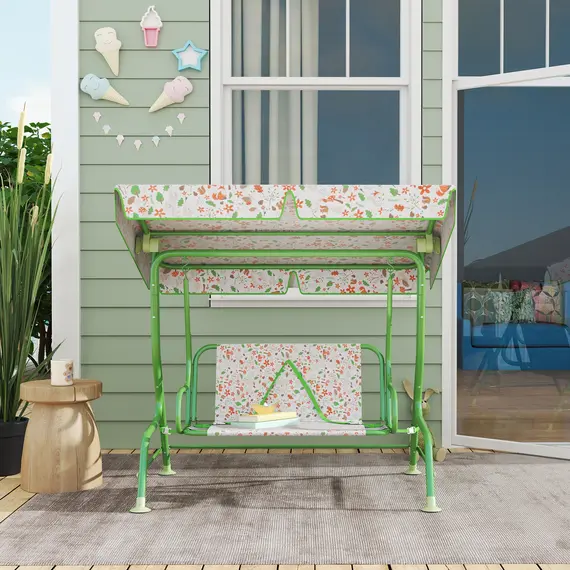 Buy Kids Garden Swing Chair with Adjustable Canopy, Safety Belt, 2 Seater Hammock Swing Bench for Patio, Porch, Green, 8 image