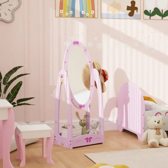 Buy Kids Full Length Mirror, 360° Rotating Children Standing Mirror with Storage Shelf, Pink, 7 image