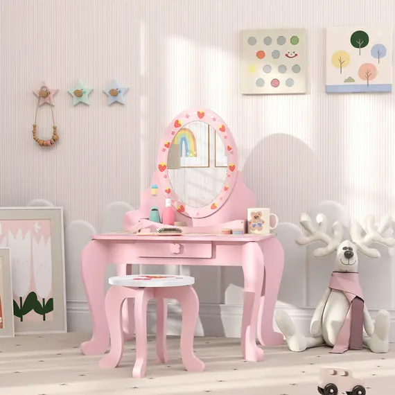 Buy Kids Dressing Table Set, Vanity Table with Stool, Mirror, Drawer, Desktop, Storage, Strawberry-Theme, Pink, 7 image