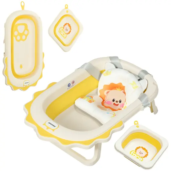 Buy Foldable Baby Bath Tub Set with Bath Cushion, Wash Basin, Non-Slip Stand, Bottom, Yellow