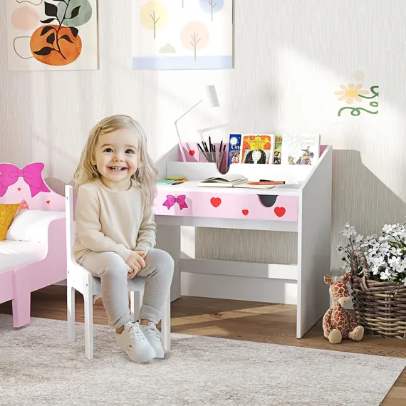 Buy Children Study Table and Chair, Kids Desk and Chair Set with Storage, Pull-out Drawer, Gift for 3-6 Years Old - Pink, 2 image