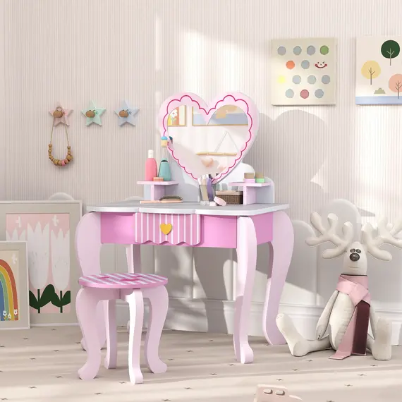 Buy Kids Dressing Table Set, Vanity Table with Stool, Mirror, Drawer, Desktop Storage, Heart Theme, Pink, 7 image