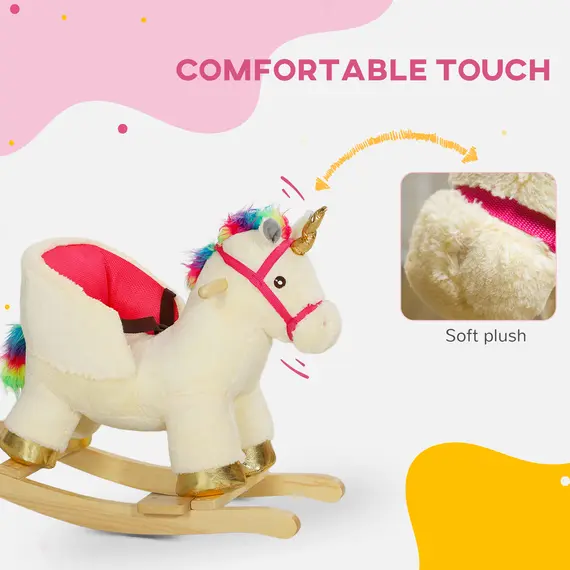 Buy Kids Rocking Horse with Realistic Sounds, Safety Belt, Wooden Base, for Ages 18-36 Months, Cream White, 7 image