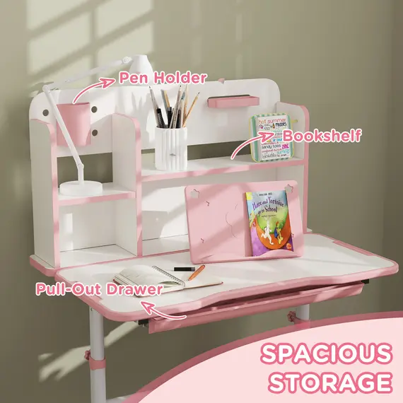 Buy Height Adjustable Kids Desk and Chair Set, Children School Study Desk with Tiltable Desktop, Reading Rack,  Pink, 6 image